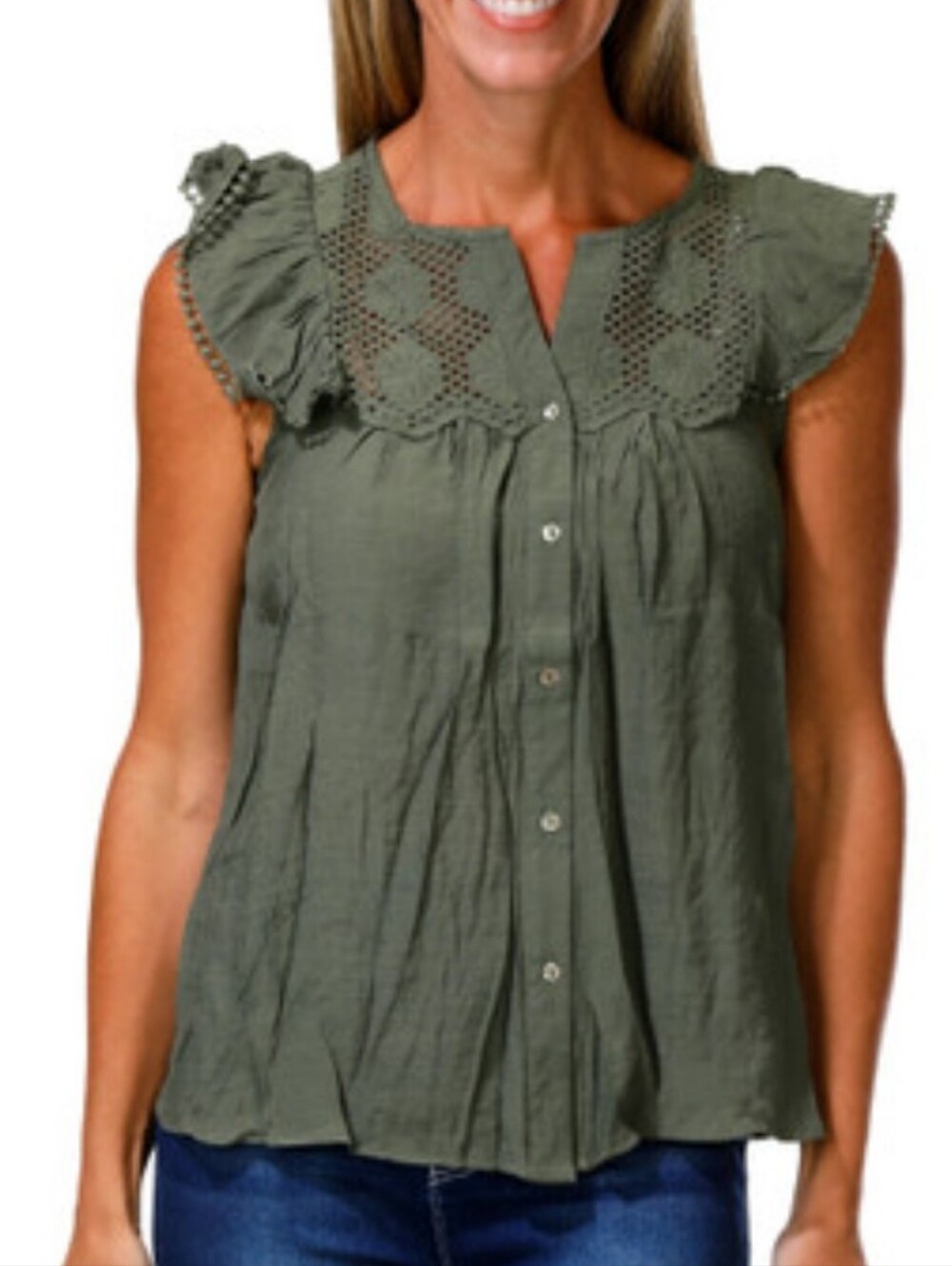 Nanette Lepore Olive Green Eyelet Ruffle Sleeve Blouse Medium Boho Cottagecore